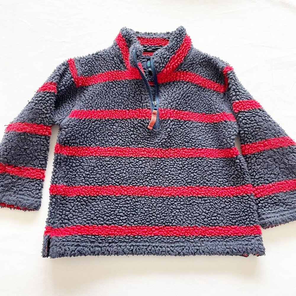 Mini Boden Navy Red Striped Sherpa Pullover size 5-6